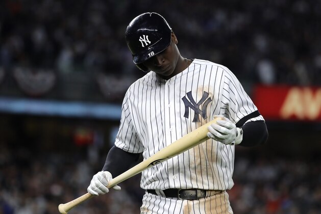 NEW YORK, NEW YORK - OCTOBER 15: Didi Gregorius #18 of the New York Yankees reacts after flying out during the fifth inning against the Houston Astros in game three of the American League Championship Series at Yankee Stadium on October 15, 2019 in New York City. (Photo by Elsa/Getty Images)