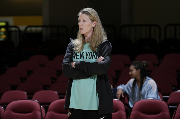 WHITE PLAINS, NY - AUGUST 30: Head Coach Katie Smith of the New York Liberty looks on before the game against Connecticut Sun on August 30, 2019 at the Westchester County Center, in White Plains, New York. NOTE TO USER: User expressly acknowledges and agrees that, by downloading and or using this photograph, User is consenting to the terms and conditions of the Getty Images License Agreement. Mandatory Copyright Notice: Copyright 2019 NBAE  (Photo by Steve Freeman/NBAE via Getty Images)