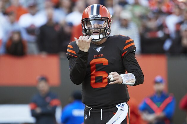 Cleveland Browns quarterback Baker Mayfield (6) reacts against the Seattle Seahawks an NFL football game in Cleveland, Sunday, Oct. 13, 2019,(AP Photo/Rick Osentoski)
