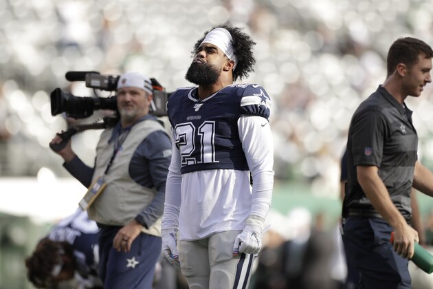 Dallas Cowboys' Ezekiel Elliott warms-up before an NFL football game against the New York Jets, Sunday, Oct. 13, 2019, in East Rutherford, N.J. (AP Photo/Adam Hunger)