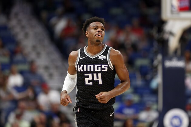 Sacramento Kings guard Buddy Hield (24) during the first half of an NBA basketball game in New Orleans, Thursday, March 28, 2019. (AP Photo/Tyler Kaufman)