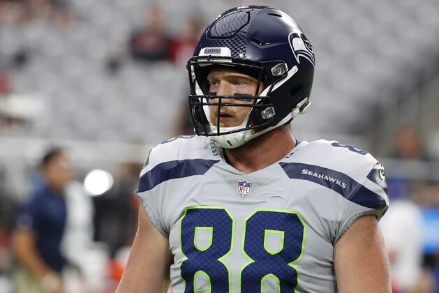 Seattle Seahawks tight end Will Dissly (88) during an NFL football game against the Arizona Cardinals, Sunday, Sept. 30, 2018, in Glendale, Ariz. (AP Photo/Rick Scuteri)