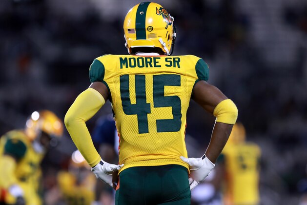 ORLANDO, FLORIDA - MARCH 16:  Rahim Moore #45 of the Arizona Hotshots walks on the field during the fourth quarter of the Alliance of American Football game against the Orlando Apollos at Spectrum Stadium on March 16, 2019 in Orlando, Florida. (Photo by Harry Aaron/AAF/Getty Images)