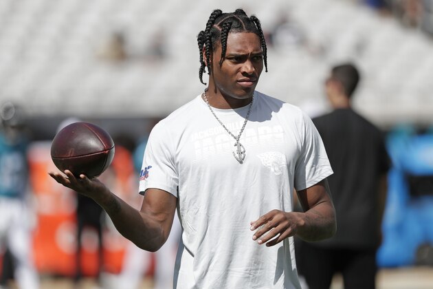 Jacksonville Jaguars cornerback Jalen Ramsey watches teammates warm up before an NFL football game against the New Orleans Saints, Sunday, Oct. 13, 2019, in Jacksonville, Fla. (AP Photo/John Raoux)