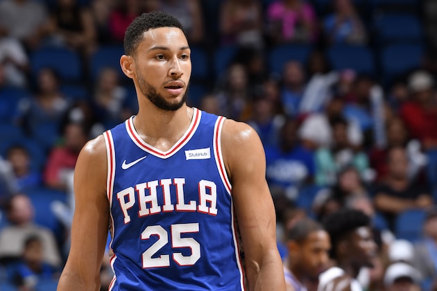 ORLANDO, FL - OCTOBER 13: Ben Simmons #25 of the Philadelphia 76ers looks on during a pre-season game against the Orlando Magic on October 13, 2019 at Amway Center in Orlando, Florida. NOTE TO USER: User expressly acknowledges and agrees that, by downloading and or using this photograph, User is consenting to the terms and conditions of the Getty Images License Agreement. Mandatory Copyright Notice: Copyright 2019 NBAE (Photo by Fernando Medina/NBAE via Getty Images)
