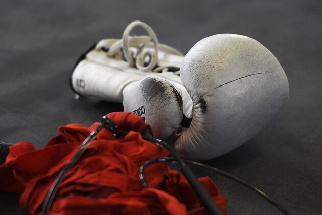 SHEFFIELD, ENGLAND - AUGUST 20: The gloves of Charlie Edwards during the Charlie Edwards Media Workout on August 20, 2019 in Sheffield, England. Charlie will take on Mexico's Julio Cesar Martinez at the O2 Arena in London on 31 August 2019. (Photo by George Wood/Getty Images)
