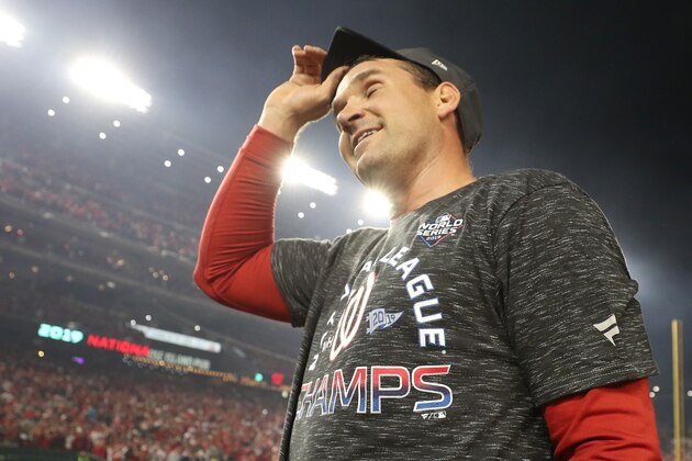 WASHINGTON, DC - OCTOBER 15: Ryan Zimmerman #11 of the Washington Nationals celebrates after winning game four and the National League Championship Series against the St. Louis Cardinals at Nationals Park on October 15, 2019 in Washington, DC. (Photo by Patrick Smith/Getty Images)