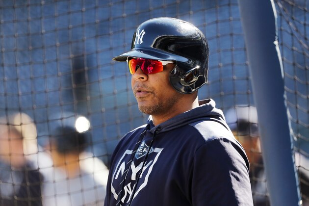 NEW YORK, NEW YORK - OCTOBER 15: Edwin Encarnacion #30 of the New York Yankees looks on during batting practice prior to game three of the American League Championship Series against the Houston Astros at Yankee Stadium on October 15, 2019 in New York City. (Photo by Elsa/Getty Images)