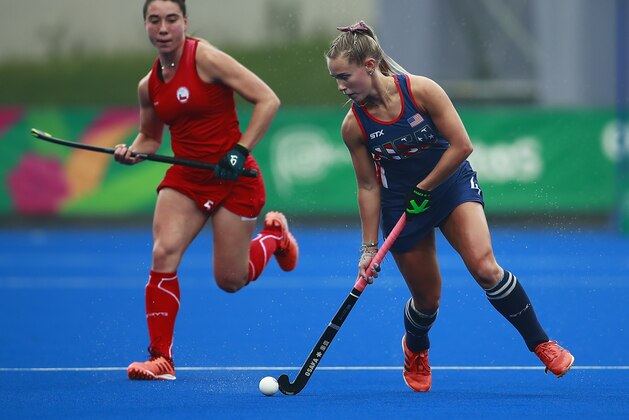LIMA, PERU - AUGUST 09: Danielle Grega of United States competes for the ball with Denise Krimerman of Chile during Hockey Women bronze medal on Day 14 of Lima 2019 Pan American Games at Hockey Field of Complejo Deportivo Villa Maria del Triunfo on August 9, 2019 in Lima, Peru. (Photo by Daniel Apuy/Getty Images)