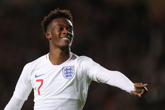MILTON KEYNES, ENGLAND - OCTOBER 15: Callum Hudson-Odoi of England celebrates after scoring a goal to make it 1-0 during the UEFA Under 21 Championship Qualifier between England and Austria at Stadium MK on October 15, 2019 in Milton Keynes, England. (Photo by Matthew Ashton - AMA/Getty Images)