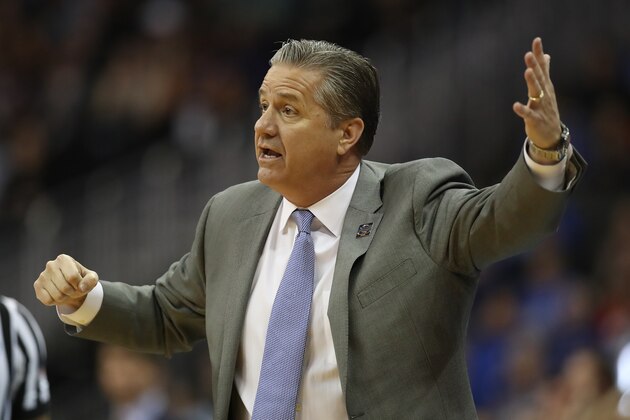 KANSAS CITY, MISSOURI - MARCH 31: Head coach John Calipari of the Kentucky Wildcats reacts to a play against the Auburn Tigers during the 2019 NCAA Basketball Tournament Midwest Regional at Sprint Center on March 31, 2019 in Kansas City, Missouri. (Photo by Christian Petersen/Getty Images)