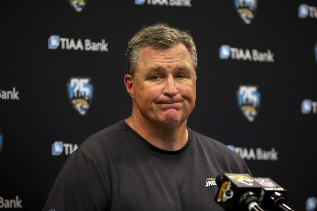 Jacksonville Jaguars head coach Doug Marrone speaks to the media during a post-game press conference after an NFL football game against the New Orleans Saints, Sunday, Oct. 13, 2019, in Jacksonville, Fla. (AP Photo/Stephen B. Morton)