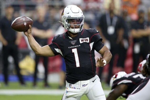 Arizona Cardinals quarterback Kyler Murray (1) throws against the Atlanta Falcons during the first half of an NFL football game, Sunday, Oct. 13, 2019, in Glendale, Ariz. (AP Photo/Ross D. Franklin)