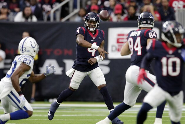 Houston Texans quarterback Deshaun Watson (4) throws against the Indianapolis Colts during the first half of an NFL wild card playoff football game, Saturday, Jan. 5, 2019, in Houston. (AP Photo/Michael Wyke)