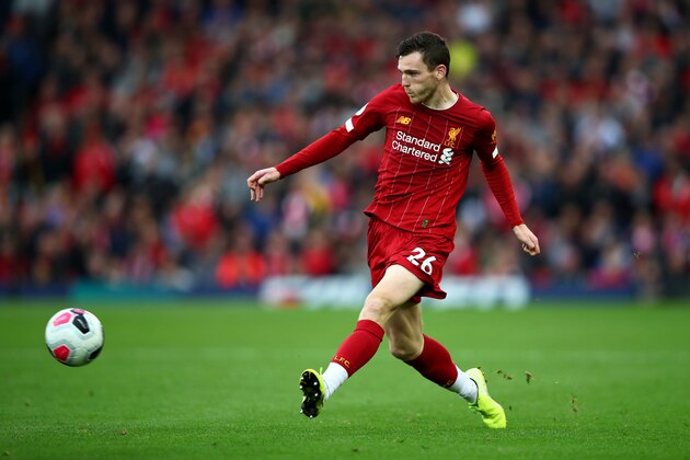 LIVERPOOL, ENGLAND - OCTOBER 05: Andrew Robertson of Liverpool in action during the Premier League match between Liverpool FC and Leicester City at Anfield on October 05, 2019 in Liverpool, United Kingdom. (Photo by Clive Brunskill/Getty Images)