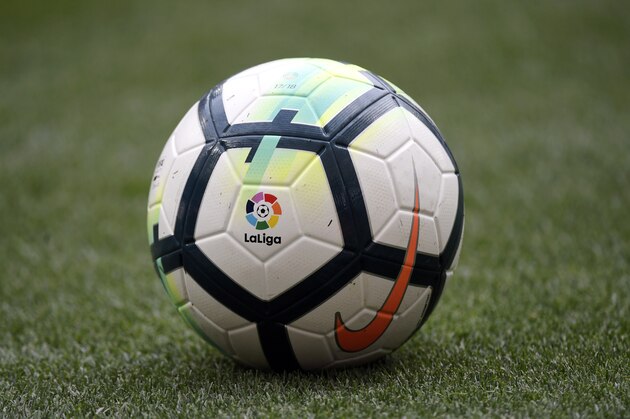 'La Liga' logo is seen on the ball of the Spanish league football match between Club Atletico de Madrid and Levante UD at the Wanda Metropolitano stadium in Madrid on April 15, 2018. / AFP PHOTO / GABRIEL BOUYS        (Photo credit should read GABRIEL BOUYS/AFP/Getty Images)