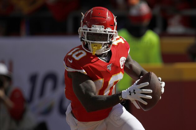 Kansas City Chiefs wide receiver Tyreek Hill (10) celebrates a touchdown during the first half of an NFL football game against the Houston Texans in Kansas City, Mo., Sunday, Oct. 13, 2019. (AP Photo/Colin E. Braley)