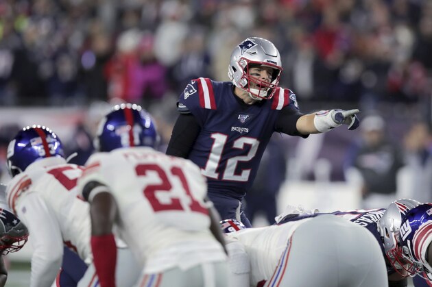 New England Patriots quarterback Tom Brady calls signals at the line of scrimmage in the first half of an NFL football game against the New York Giants, Thursday, Oct. 10, 2019, in Foxborough, Mass. (AP Photo/Charles Krupa)