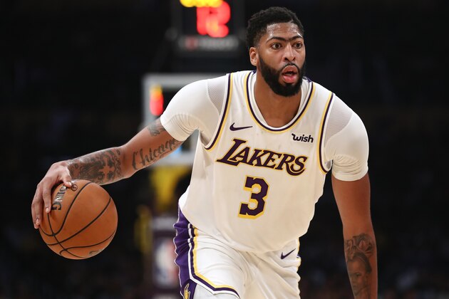 LOS ANGELES, CALIFORNIA - OCTOBER 16:  Anthony Davis #3 of the Los Angeles Lakers dribbles the ball during the second half of a game against the Golden State Warriors t Staples Center on October 16, 2019 in Los Angeles, California. (Photo by Sean M. Haffey/Getty Images)