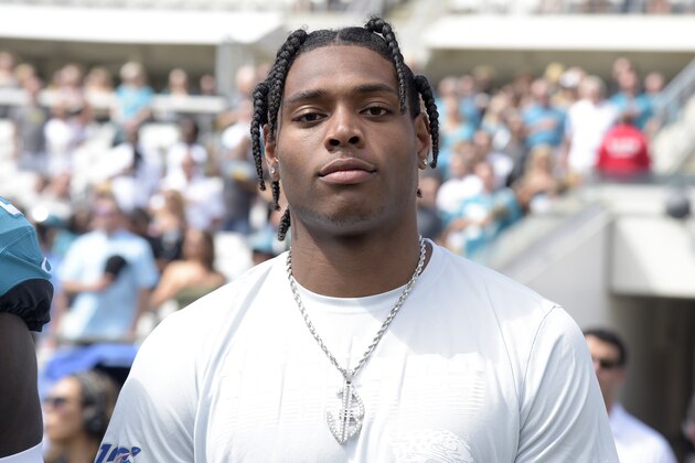 Jacksonville Jaguars cornerback Jalen Ramsey stands on the sideline for the playing of the national anthem before an NFL football game against the New Orleans Saints Sunday, Oct. 13, 2019, in Jacksonville, Fla. (AP Photo/Phelan M. Ebenhack)