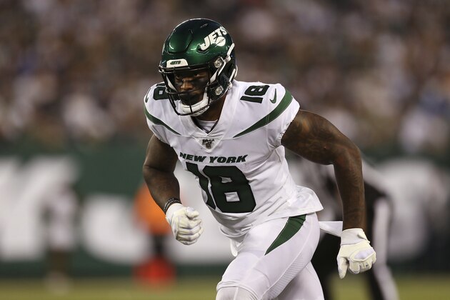 New York Jets wide receiver Demaryius Thomas (18) runs off the line during the second half of an NFL football game against the Dallas Cowboys, Sunday, Oct. 13, 2019, in East Rutherford, N.J. (AP Photo/Steve Luciano)