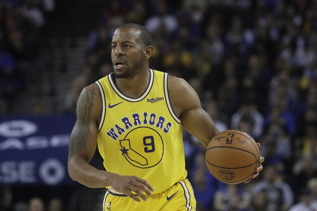 Golden State Warriors guard Andre Iguodala (9) against the Denver Nuggets during an NBA basketball game in Oakland, Calif., Tuesday, April 2, 2019. (AP Photo/Jeff Chiu)
