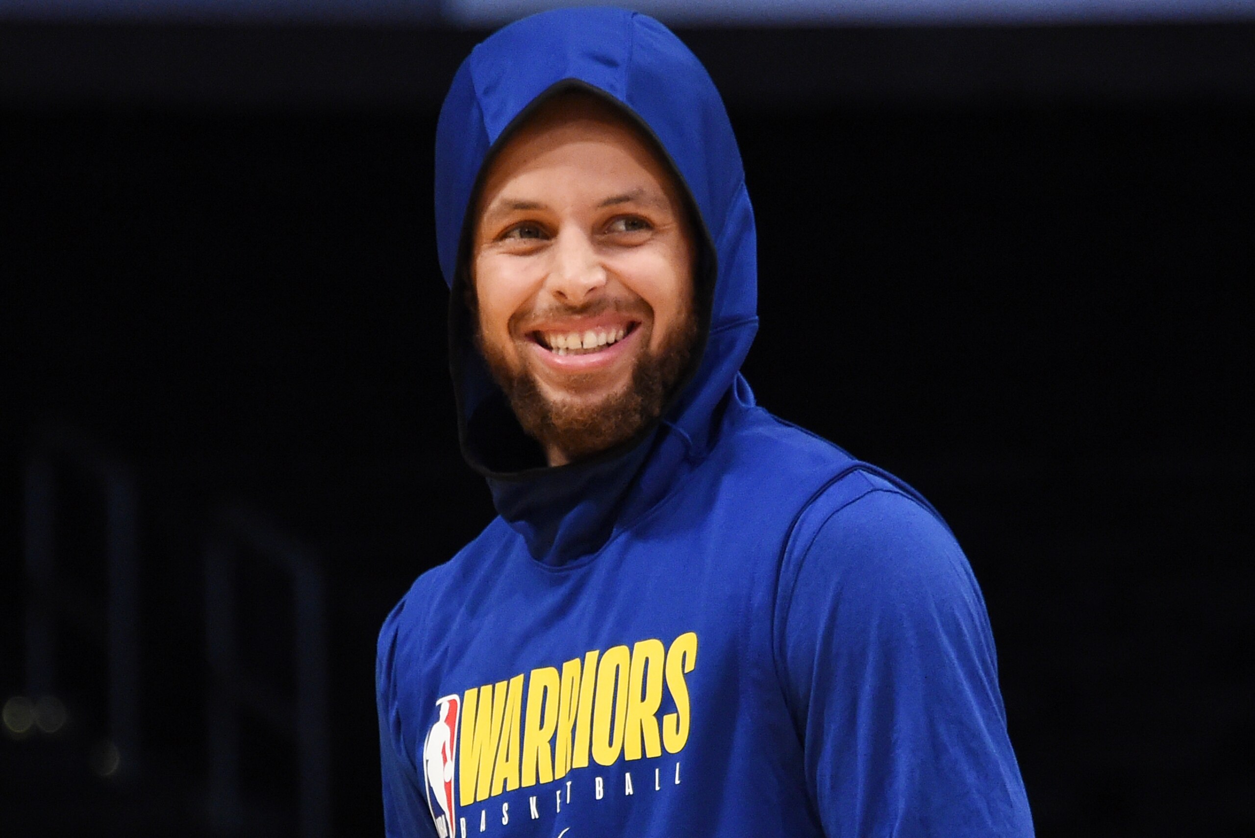 LOS ANGELES, CA - OCTOBER 14: Stephen Curry #30 of the Golden State Warriors smiles before a pre-season game against the Los Angeles Lakers on October 14, 2019 at STAPLES Center in Los Angeles, California. NOTE TO USER: User expressly acknowledges and agrees that, by downloading and/or using this Photograph, user is consenting to the terms and conditions of the Getty Images License Agreement. Mandatory Copyright Notice: Copyright 2019 NBAE (Photo by Adam Pantozzi/NBAE via Getty Images)