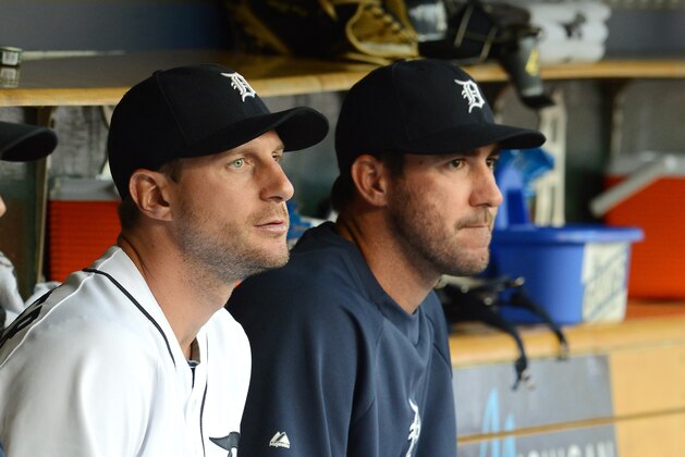DETROIT, MI - JULY 30:  Max Scherzer #37 (L) and Justin Verlander #35 of the Detroit Tigers look on from the dugout during the game against the Washington Nationals at Comerica Park on July 30, 2013 in Detroit, Michigan. The Tigers defeated the Nationals 5-1.  (Photo by Mark Cunningham/MLB Photos via Getty Images)