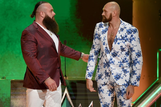 LAS VEGAS, NEVADA - OCTOBER 11:  WWE wrestler Braun Strowman (L) and heavyweight boxer Tyson Fury attend the announcement of their match at a WWE news conference at T-Mobile Arena on October 11, 2019 in Las Vegas, Nevada. Strowman will face Fury and WWE champion Brock Lesnar will take on former UFC heavyweight champion Cain Velasquez at the WWE's Crown Jewel event at Fahd International Stadium in Riyadh, Saudi Arabia on October 31.  (Photo by Ethan Miller/Getty Images)