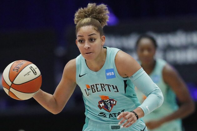 New York Liberty guard Bria Hartley drives down court during the first half of a WNBA basketball game against the Minnesota Lynx, Tuesday, Aug. 13, 2019, in White Plains, N.Y. (AP Photo/Kathy Willens)
