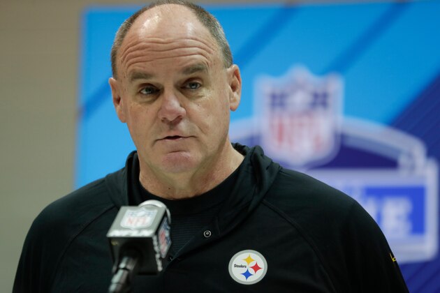 FILE - In this Feb. 28, 2018, file photo, Pittsburgh Steelers general manager Kevin Colbert speaks during a press conference at the NFL football scouting combine in Indianapolis. Colbert isn’t a fan of the word “need.” The Steelers general manager believes it points too specifically to one area of weakness. “We have to be better and I do not think we were better in 2017 than we were in 2016 because we got eliminated a round earlier,” Colbert said of the AFC North champions, who were upset at home by Jacksonville in the divisional round of the playoffs.(AP Photo/Michael Conroy, File)