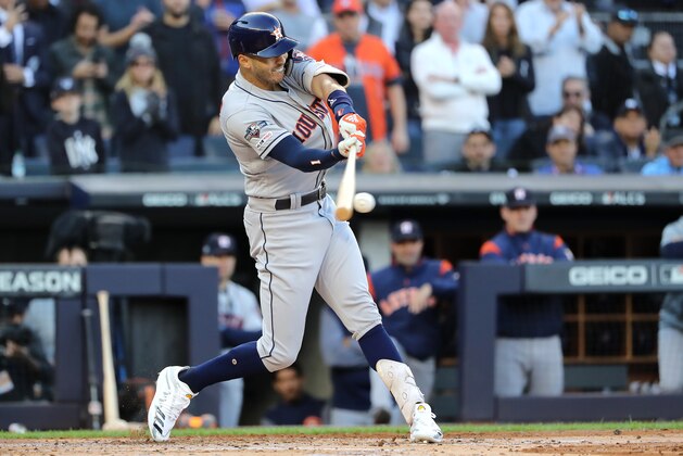 NEW YORK, NEW YORK - OCTOBER 15: Carlos Correa #1 of the Houston Astros pops out during the first inning against the New York Yankees in game three of the American League Championship Series at Yankee Stadium on October 15, 2019 in New York City. (Photo by Elsa/Getty Images)