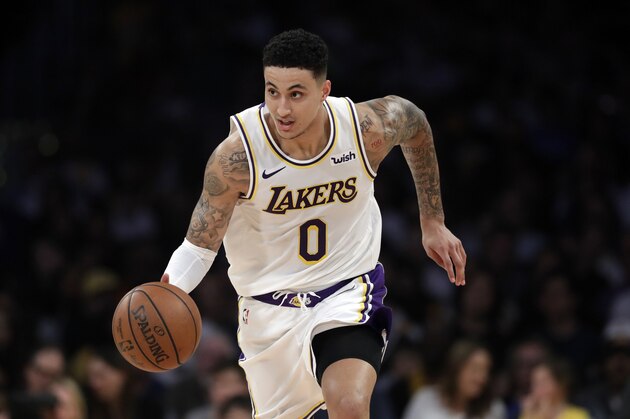 Los Angeles Lakers' Kyle Kuzma during an NBA basketball game Sunday, March 24, 2019, in Los Angeles. (AP Photo/Marcio Jose Sanchez)