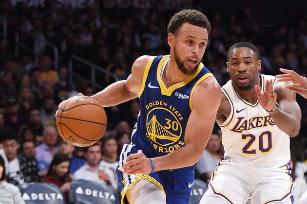 LOS ANGELES, CA - OCTOBER 14: Stephen Curry #30 of the Golden State Warriors handles the ball against the Los Angeles Lakers during a pre-season game on October 14, 2019 at STAPLES Center in Los Angeles, California. NOTE TO USER: User expressly acknowledges and agrees that, by downloading and/or using this Photograph, user is consenting to the terms and conditions of the Getty Images License Agreement. Mandatory Copyright Notice: Copyright 2019 NBAE (Photo by Adam Pantozzi/NBAE via Getty Images)