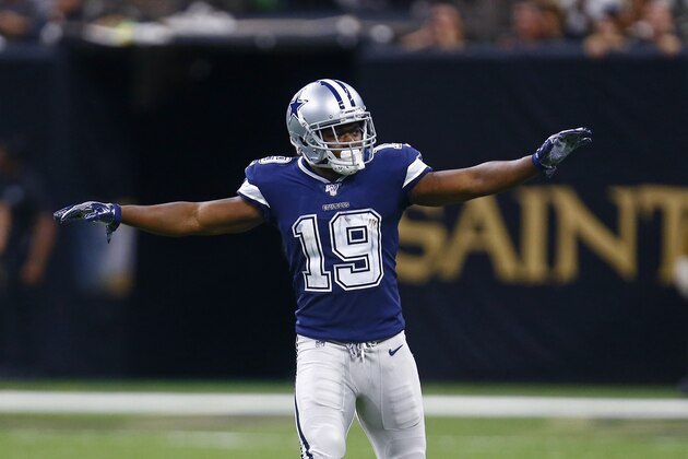 Dallas Cowboys wide receiver Amari Cooper (19) reacts between plays in the second half of an NFL football game against the New Orleans Saints in New Orleans, Sunday, Sept. 29, 2019. (AP Photo/Butch Dill)