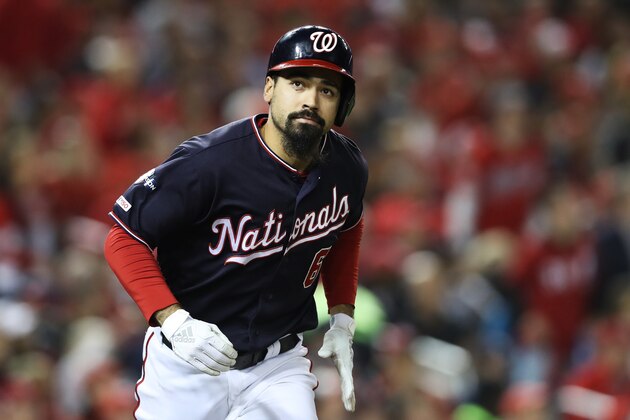 WASHINGTON, DC - OCTOBER 15: Anthony Rendon #6 of the Washington Nationals reacts as he flies out in the seventh inning against the St. Louis Cardinals during game four of the National League Championship Series at Nationals Park on October 15, 2019 in Washington, DC. (Photo by Rob Carr/Getty Images)