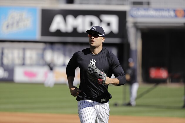 New York Yankees' Giancarlo Stanton during a team practice at Yankee Stadium Thursday, Oct. 10, 2019, New York. The Yankees will play the winner of tonight's Tampa Bay Rays at Houston Astros American League Division Series game in Game 1 of the American League Championship Series on Saturday, Oct. 12 in New York. (AP Photo/Frank Franklin II)