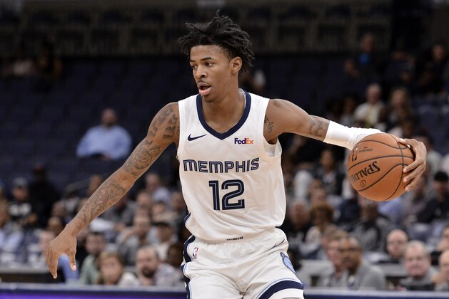 Memphis Grizzlies guard Ja Morant (12) plays in the first half of an exhibition NBA basketball game against the New Zealand Breakers Tuesday, Oct. 8, 2019, in Memphis, Tenn. (AP Photo/Brandon Dill)