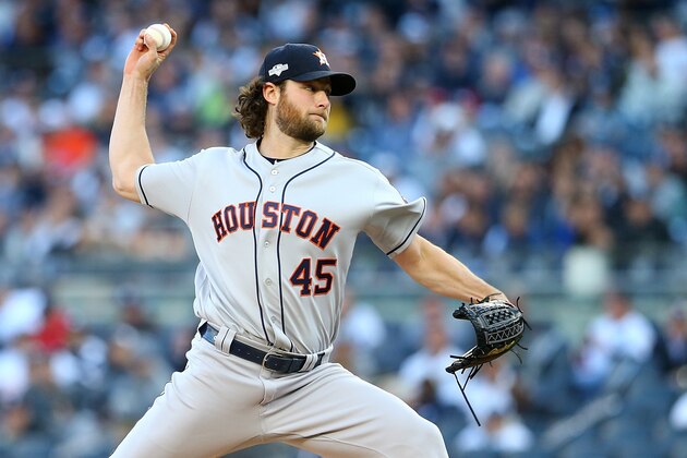 NEW YORK, NEW YORK - OCTOBER 15:  Gerrit Cole #45 of the Houston Astros in action against the New York Yankees during game three of the American League Championship Series at Yankee Stadium at Yankee Stadium on October 15, 2019 in New York City. Houston Astros defeated the New York Yankees 4-1. (Photo by Mike Stobe/Getty Images)