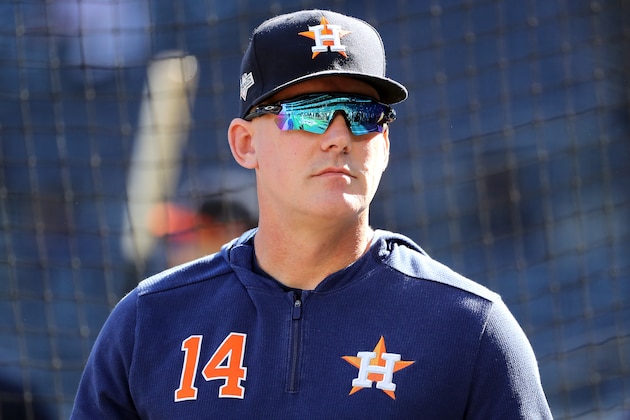 NEW YORK, NEW YORK - OCTOBER 15: Manager AJ Hinch of the Houston Astros looks on during batting practice prior to game three of the American League Championship Series against the New York Yankees at Yankee Stadium on October 15, 2019 in New York City. (Photo by Elsa/Getty Images)