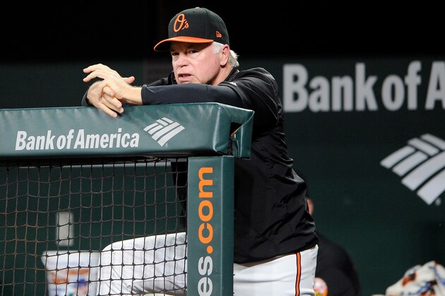 BALTIMORE, MD - SEPTEMBER 28:  Manager Buck Showalter #26 of the Baltimore Orioles watches the game against the Houston Astros at Oriole Park at Camden Yards on September 28, 2018 in Baltimore, Maryland.  (Photo by G Fiume/Getty Images)