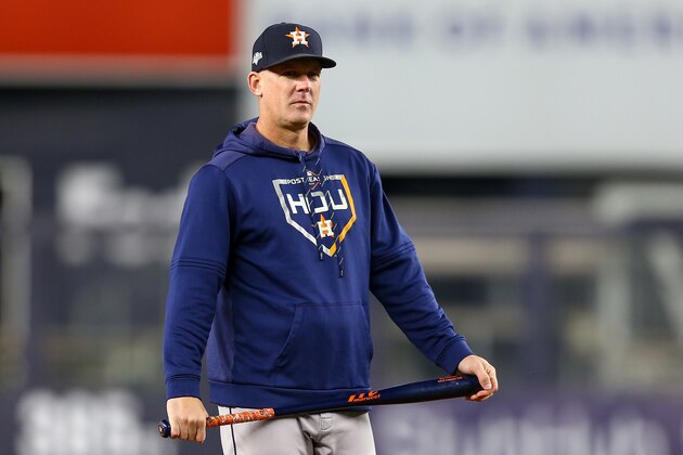 NEW YORK, NEW YORK - OCTOBER 17:  AJ Hinch #14 of the Houston Astros looks on prior to game four of the American League Championship Series against the New York Yankees at Yankee Stadium on October 17, 2019 in New York City. (Photo by Mike Stobe/Getty Images)