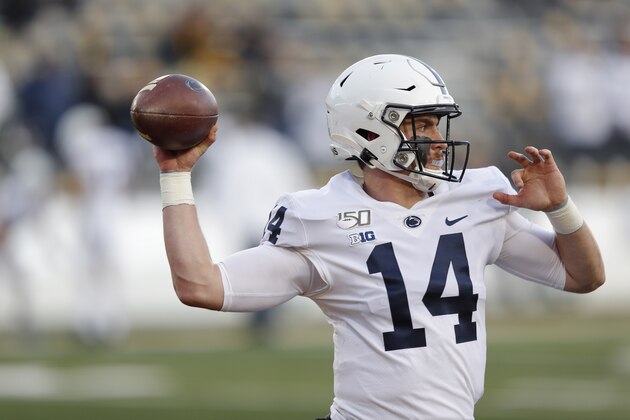 Penn State quarterback Sean Clifford warms up for the team's NCAA college football game against Iowa, Saturday, Oct. 12, 2019, in Iowa City, Iowa. (AP Photo/Matthew Putney)