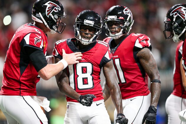 ATLANTA, GA - SEPTEMBER 15: Matt Ryan #2 celebrates with Calvin Ridley #18 of the Atlanta Falcons after throwing a 34 yard touchdown to him during the first half of a game against the Philadelphia Eagles at Mercedes-Benz Stadium on September 15, 2019 in Atlanta, Georgia. (Photo by Carmen Mandato/Getty Images)