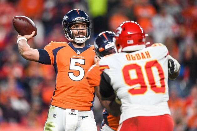 DENVER, CO - OCTOBER 17:  Joe Flacco #5 of the Denver Broncos passes against the Kansas City Chiefs in the third quarter at Empower Field at Mile High on October 17, 2019 in Denver, Colorado. (Photo by Dustin Bradford/Getty Images)