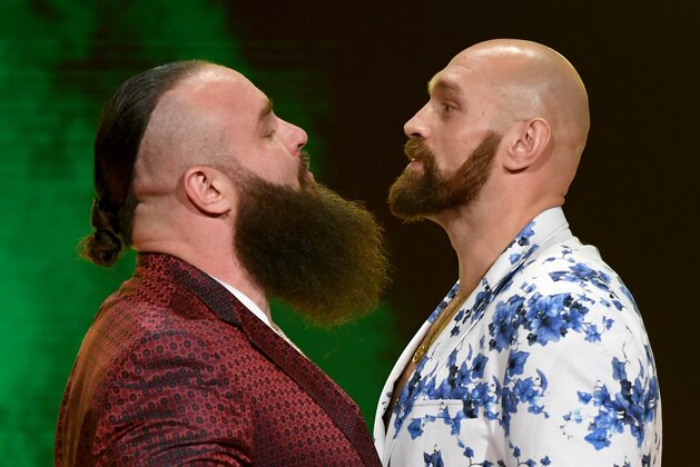 LAS VEGAS, NEVADA - OCTOBER 11:  WWE wrestler Braun Strowman (L) and heavyweight boxer Tyson Fury face off during the announcement of their match at a WWE news conference at T-Mobile Arena on October 11, 2019 in Las Vegas, Nevada. Strowman will face Fury and WWE champion Brock Lesnar will take on former UFC heavyweight champion Cain Velasquez at the WWE's Crown Jewel event at Fahd International Stadium in Riyadh, Saudi Arabia on October 31.  (Photo by Ethan Miller/Getty Images)