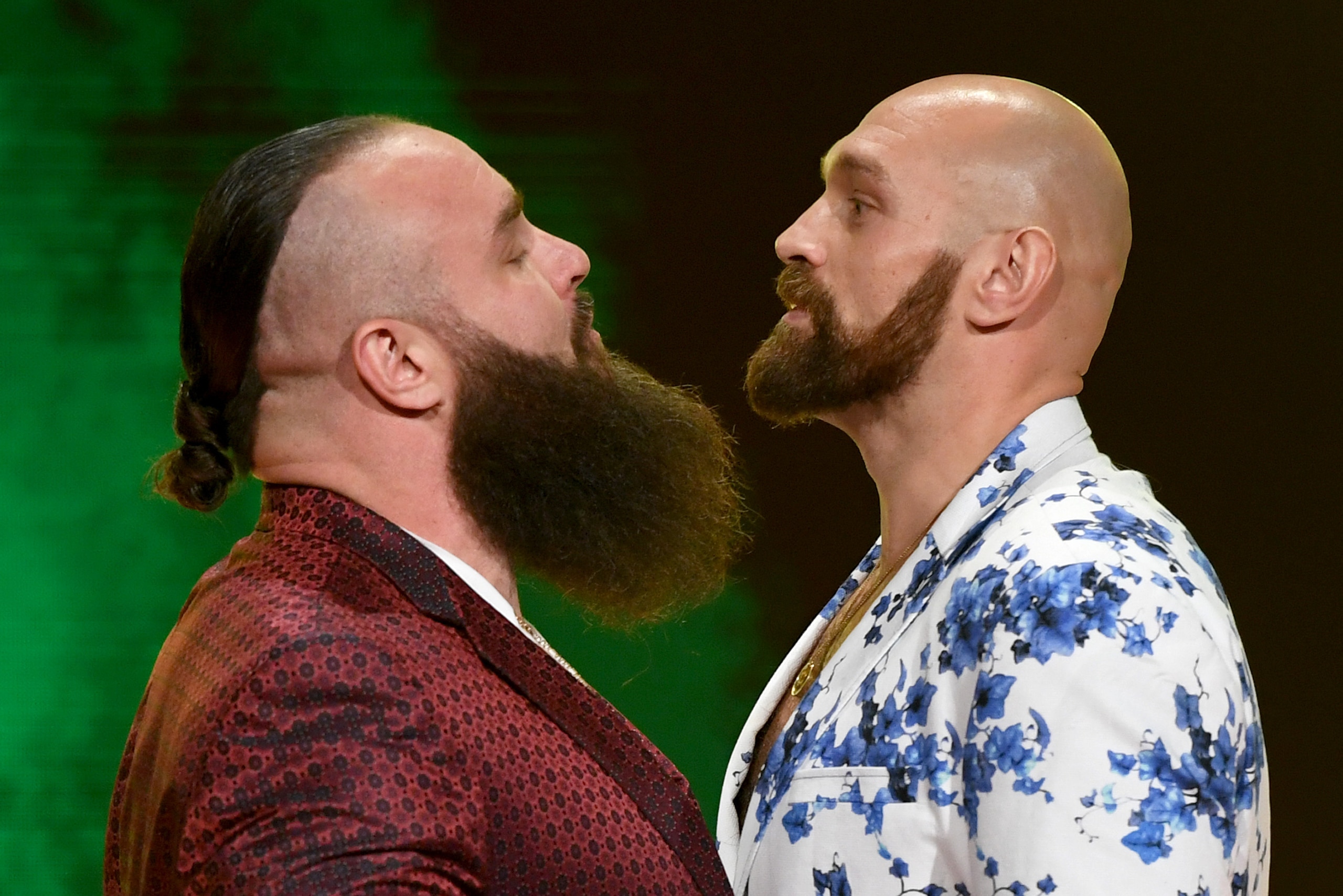 LAS VEGAS, NEVADA - OCTOBER 11:  WWE wrestler Braun Strowman (L) and heavyweight boxer Tyson Fury face off during the announcement of their match at a WWE news conference at T-Mobile Arena on October 11, 2019 in Las Vegas, Nevada. Strowman will face Fury and WWE champion Brock Lesnar will take on former UFC heavyweight champion Cain Velasquez at the WWE's Crown Jewel event at Fahd International Stadium in Riyadh, Saudi Arabia on October 31.  (Photo by Ethan Miller/Getty Images)