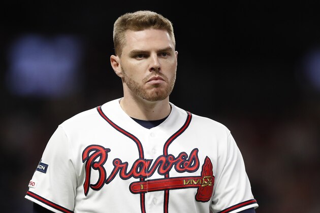 ATLANTA, GEORGIA - OCTOBER 09:  Freddie Freeman #5 of the Atlanta Braves reacts against the St. Louis Cardinals during the eighth inning in game five of the National League Division Series at SunTrust Park on October 09, 2019 in Atlanta, Georgia. (Photo by Todd Kirkland/Getty Images)