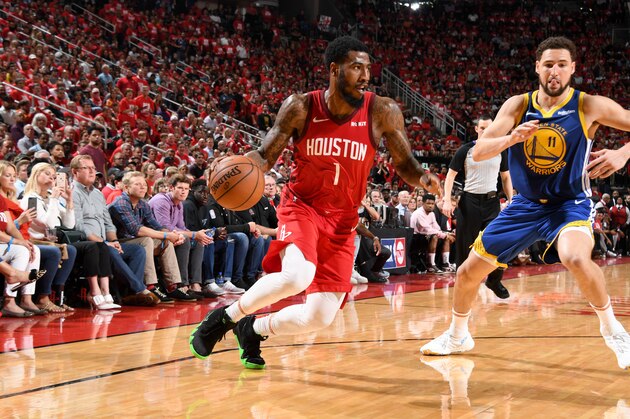 HOUSTON, TX - MAY 6: Iman Shumpert #1 of the Houston Rockets handles the ball against the Golden State Warriors during Game Four of the Western Conference Semifinals of the 2019 NBA Playoffs on May 6, 2019 at the Toyota Center in Houston, Texas. NOTE TO USER: User expressly acknowledges and agrees that, by downloading and/or using this photograph, user is consenting to the terms and conditions of the Getty Images License Agreement. Mandatory Copyright Notice: Copyright 2019 NBAE (Photo by Andrew D. Bernstein/NBAE via Getty Images)