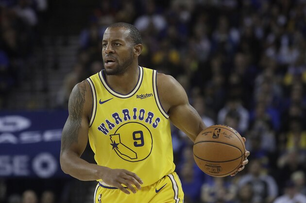 Golden State Warriors guard Andre Iguodala (9) against the Denver Nuggets during an NBA basketball game in Oakland, Calif., Tuesday, April 2, 2019. (AP Photo/Jeff Chiu)